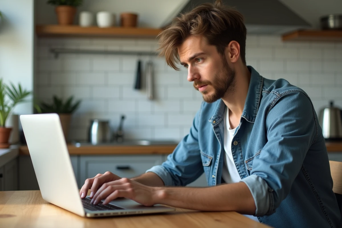 Jeune homme utilisant un ordinateur dans la cuisine