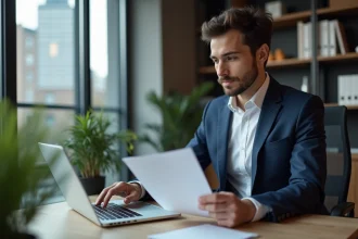 Jeune homme en costume saisissant un code sur son ordinateur
