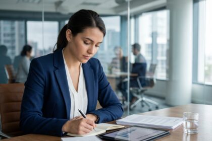 Jeune femme professionnelle en réunion immobilier