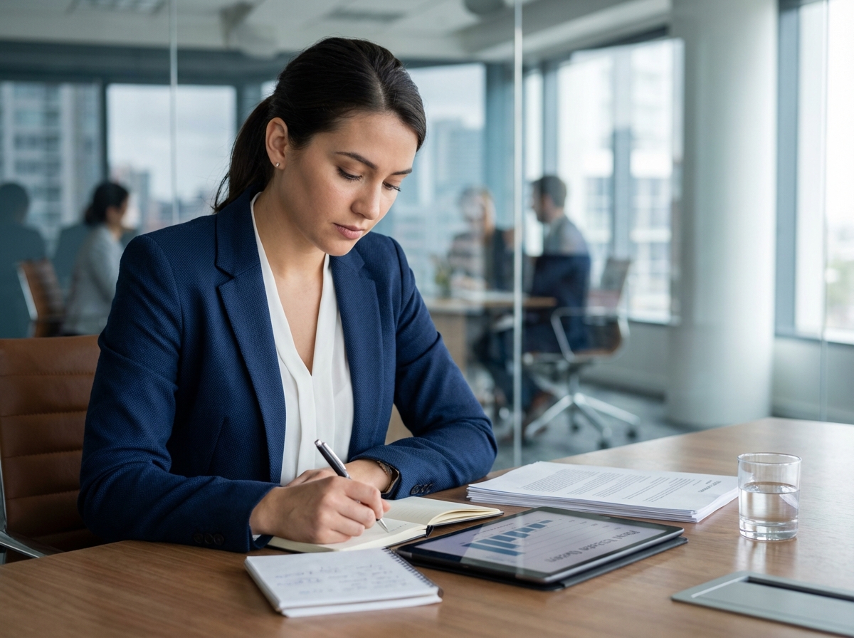 Jeune femme professionnelle en réunion immobilier