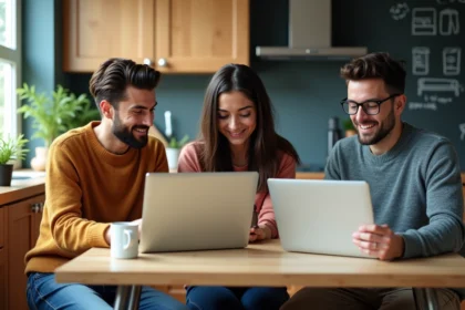 Trois jeunes adultes souriants autour d'une table de cuisine en train de consulter des profils de location