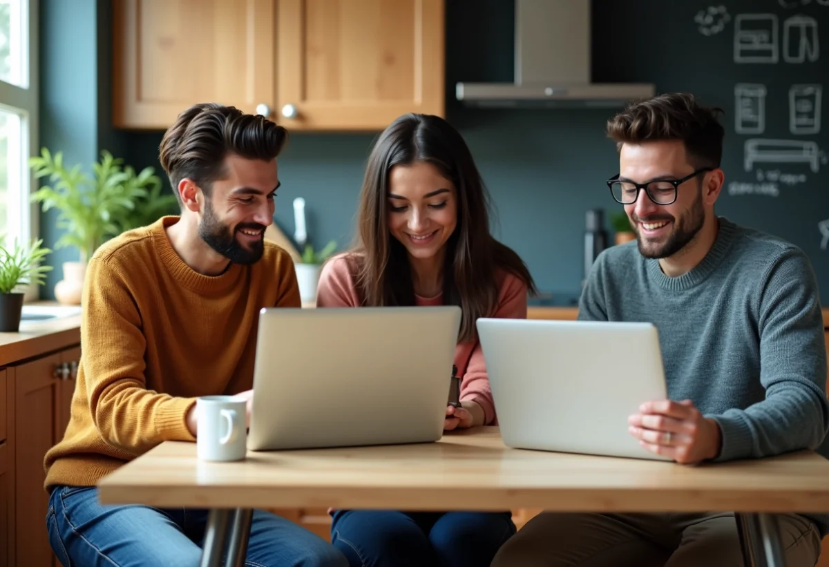 Trois jeunes adultes souriants autour d'une table de cuisine en train de consulter des profils de location