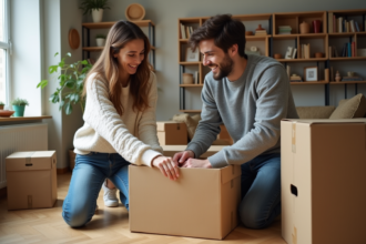 Jeune couple emballant des cartons dans un appartement lumineux
