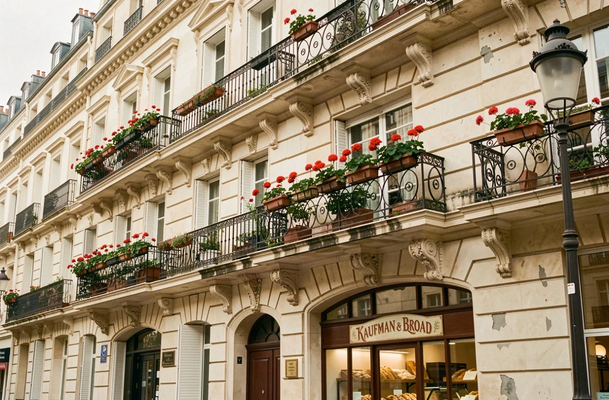 Immeuble résidentiel classique de Kaufman and Broad avec façade en pierre calcaire et balcons en fer forgé à Paris