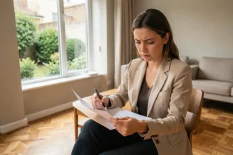 Femme lisant attentivement un contrat de bail pour une location T3 rez-de-jardin avant de signer