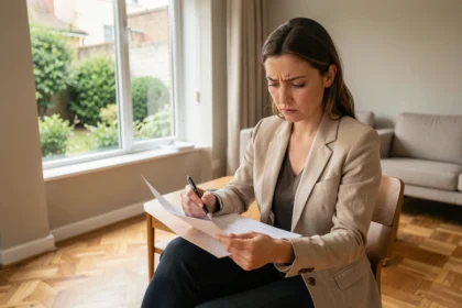 Femme lisant attentivement un contrat de bail pour une location T3 rez-de-jardin avant de signer