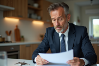 Homme d age moyen en costume examine des documents dans un appartement