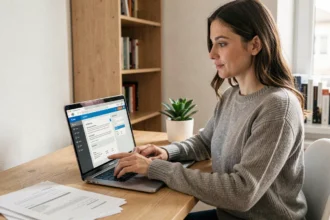 Femme consultant son espace locataire MyFoncia sur un ordinateur portable depuis son appartement