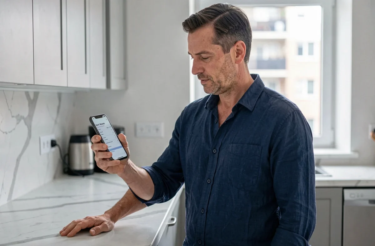 Locataire consultant une quittance de loyer sur son smartphone dans la cuisine