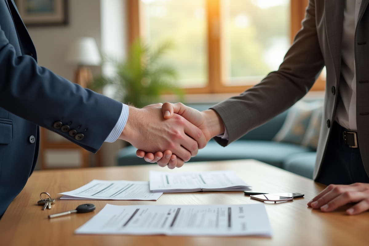 Propriétaire et locataire se serrant la main avec clés et documents