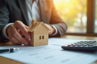 Main tenant une petite maison en bois et une calculatrice sur un bureau ensoleille avec contrats de prêt