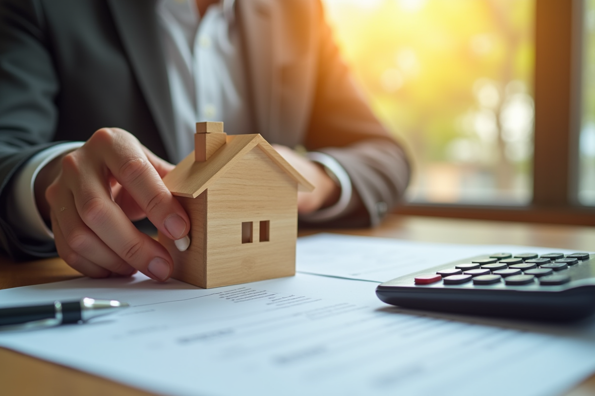 Main tenant une petite maison en bois et une calculatrice sur un bureau ensoleille avec contrats de prêt