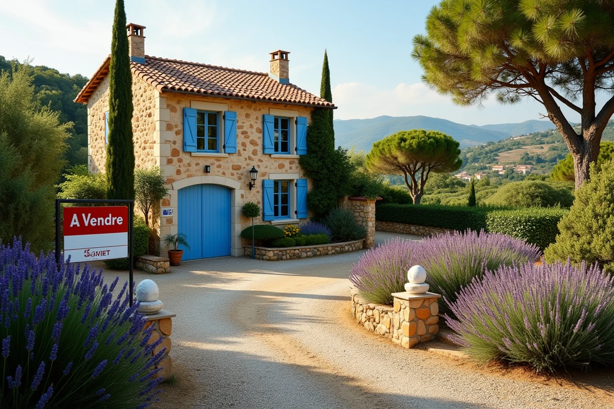 Maison de campagne provençale avec panneau à vendre illustrant la cession d'une résidence secondaire