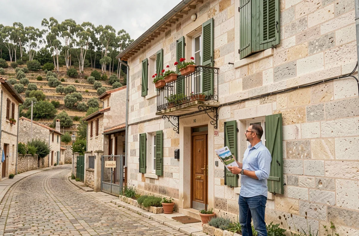 Maison traditionnelle en pierre à vendre dans un village de Corse du Sud avec panneau de vente et vue sur le maquis