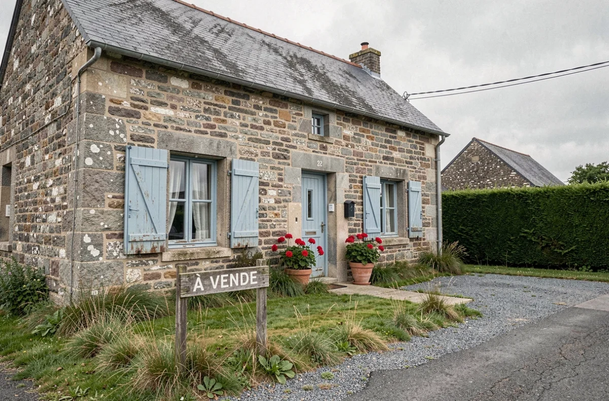 Maison en pierre bretonne avec panneau à vendre dans le Finistère lors d'une vente urgente suite à divorce