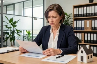 Femme consultant des documents de mandat immobilier dans une agence pour vendre sa maison suite à un divorce