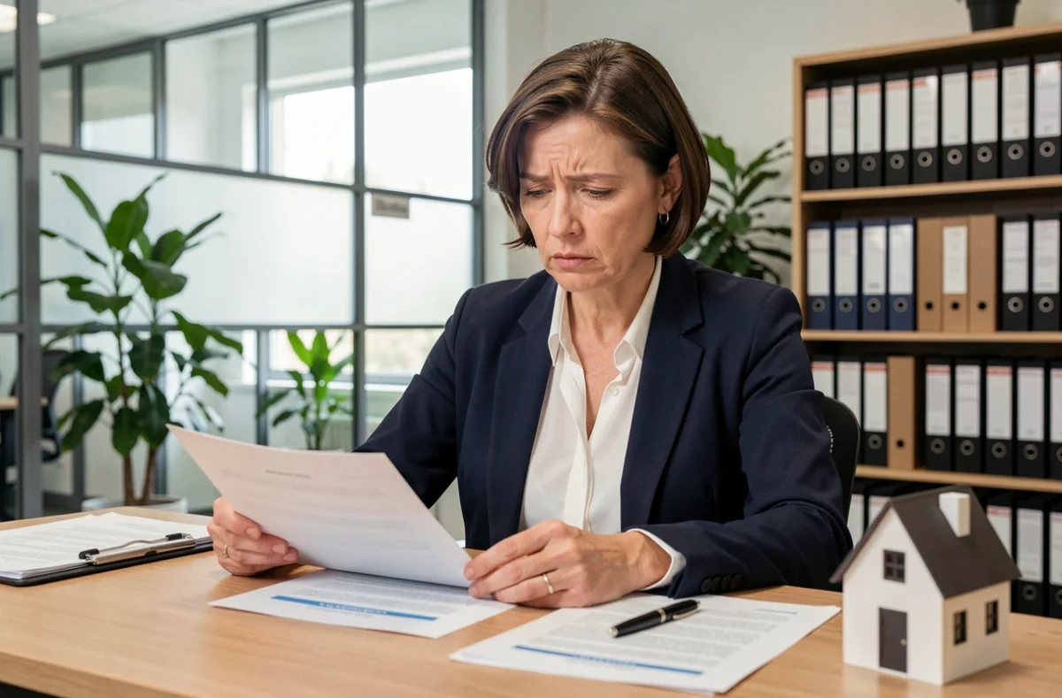 Femme consultant des documents de mandat immobilier dans une agence pour vendre sa maison suite à un divorce