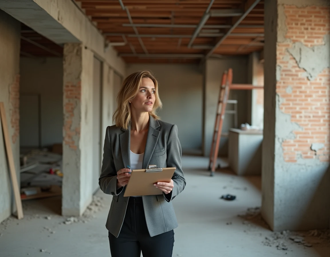 Marchande de biens inspectant un appartement en rénovation dans le cadre d'une opération soumise à la TVA immobilière