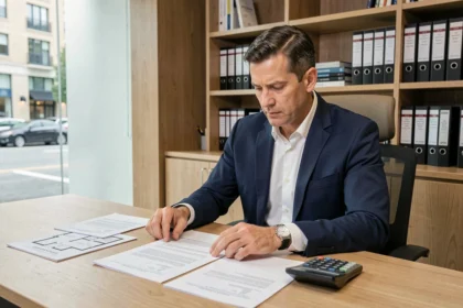 Professionnel de l'immobilier analysant des contrats de vente et des documents liés à la TVA sur les cessions immobilières dans un bureau notarial