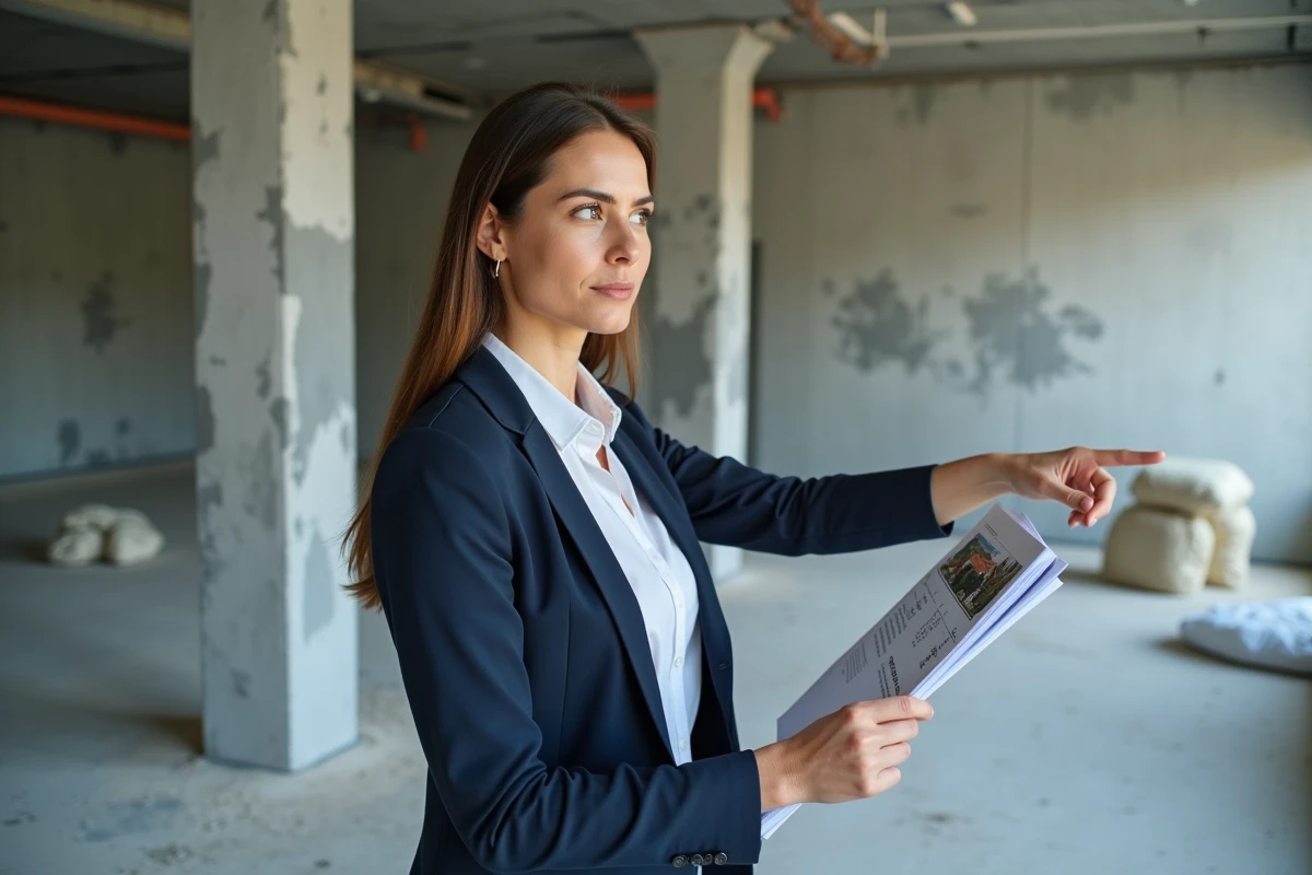 Marchande de biens tenant une fiche d'évaluation immobilière dans un appartement en cours de rénovation