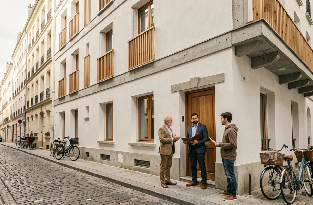 Promoteur indépendant MDH Promotion devant un petit immeuble résidentiel neuf dans un arrondissement parisien