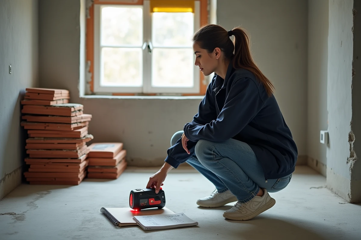 Femme en chantier mesurant une pièce en rénovation avec un télémètre laser pour calculer la surface en mètres carrés