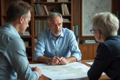 Géomètre-expert et propriétaires négociant le prix d'un bornage terrain autour d'un plan cadastral sur un bureau en bois