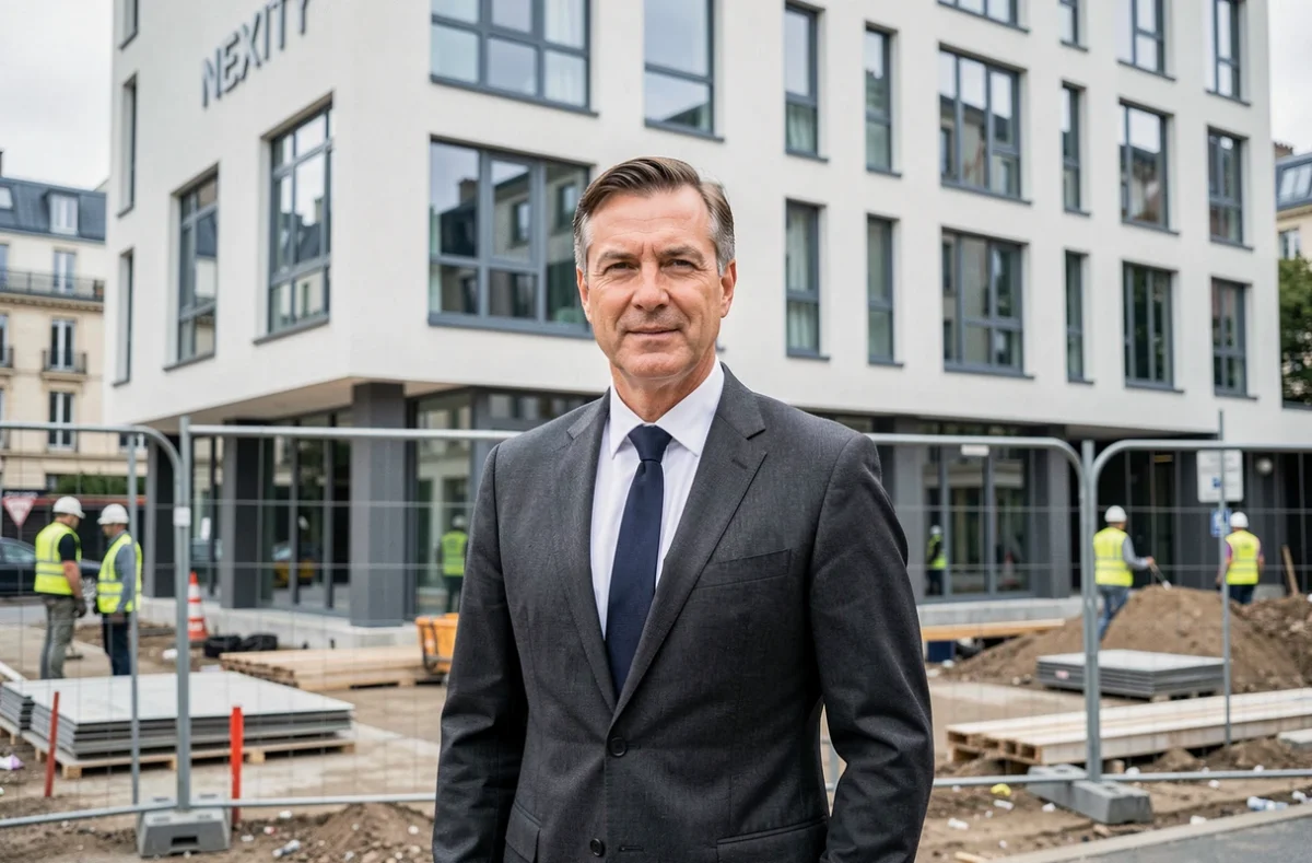 Représentant du promoteur Nexity devant un programme immobilier neuf à Paris