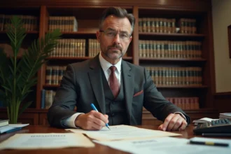 Notaire en costume examinant des actes de vente et documents immobiliers sur un bureau en chêne dans un office notarial
