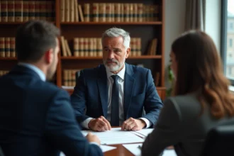 Notaire en costume avec documents légaux sur son bureau