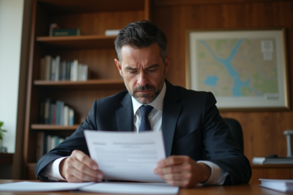 Homme d'affaires en costume examine des documents dans un bureau notarial