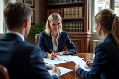 Notaire femme en costume navy dans un bureau français