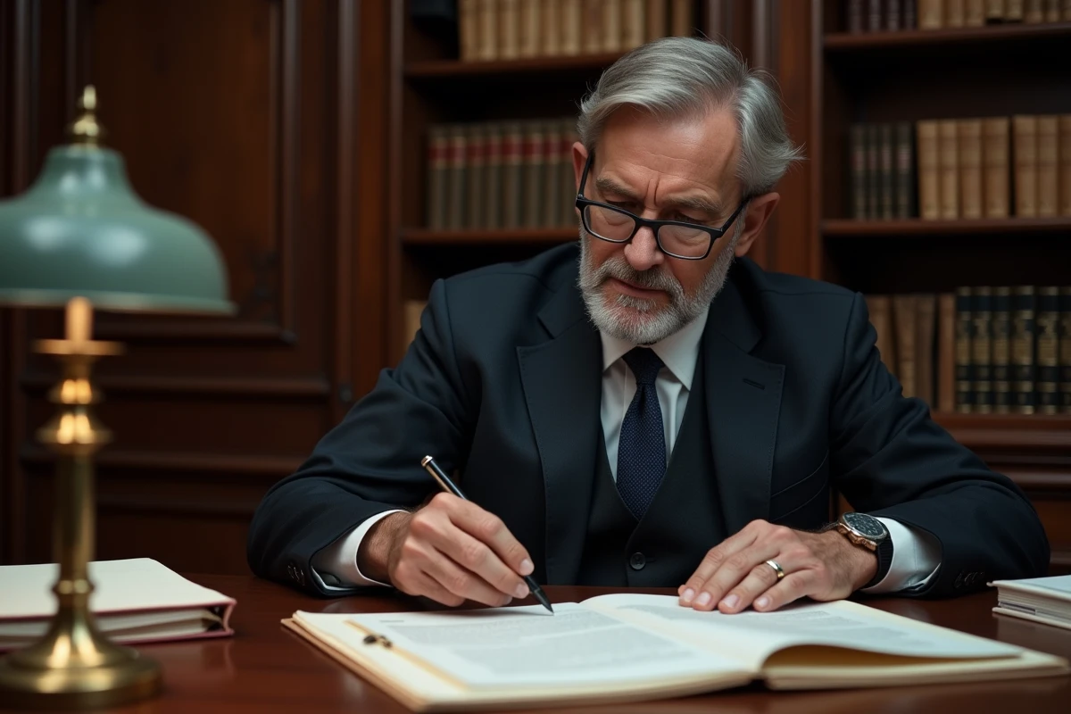 Notaire en costume marine relisant un acte de vente immobilier dans son étude, avec des documents juridiques étalés sur un bureau en bois