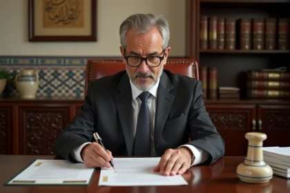 Notaire marocain examinant des documents de vente immobilière dans son bureau à Marrakech