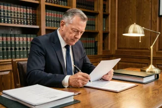 Notaire en costume sombre révisant un contrat immobilier dans son bureau avec des étagères de livres juridiques en arrière-plan