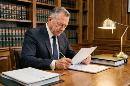 Notaire en costume sombre révisant un contrat immobilier dans son bureau avec des étagères de livres juridiques en arrière-plan