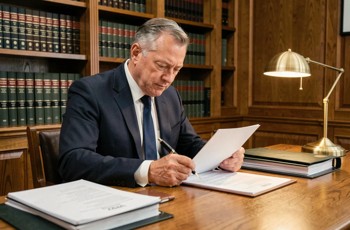 Notaire en costume sombre révisant un contrat immobilier dans son bureau avec des étagères de livres juridiques en arrière-plan