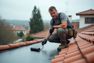 Ouvrier couvreur appliquant un imperméabilisant sur le toit