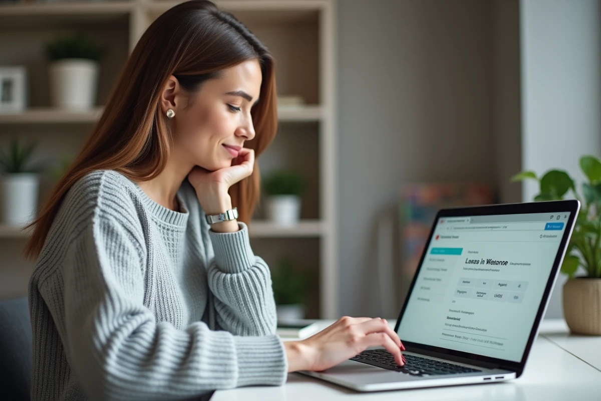 Femme utilisant un portail de gestion locative en ligne sur son ordinateur portable depuis son bureau à domicile