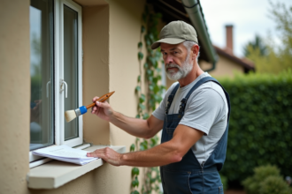 Homme en overalls peignant une fenêtre extérieure d'une maison