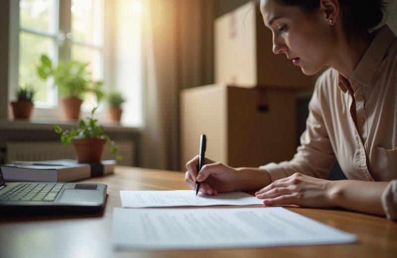 Personne écrivant une lettre formelle dans un appartement organisé