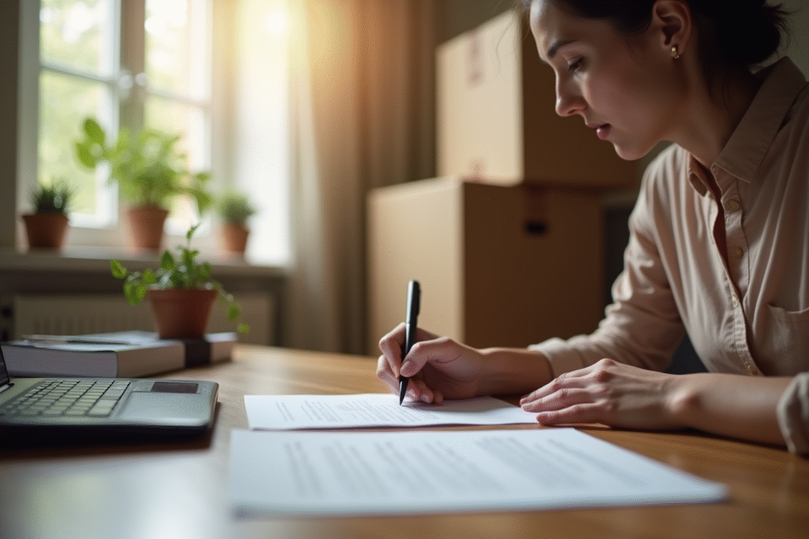 Personne écrivant une lettre formelle dans un appartement organisé