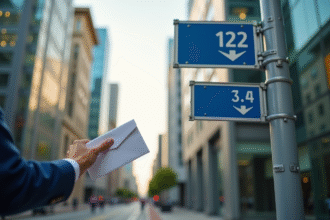 Personne tenant une enveloppe officielle devant un panneau urbain moderne