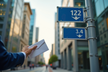 Personne tenant une enveloppe officielle devant un panneau urbain moderne