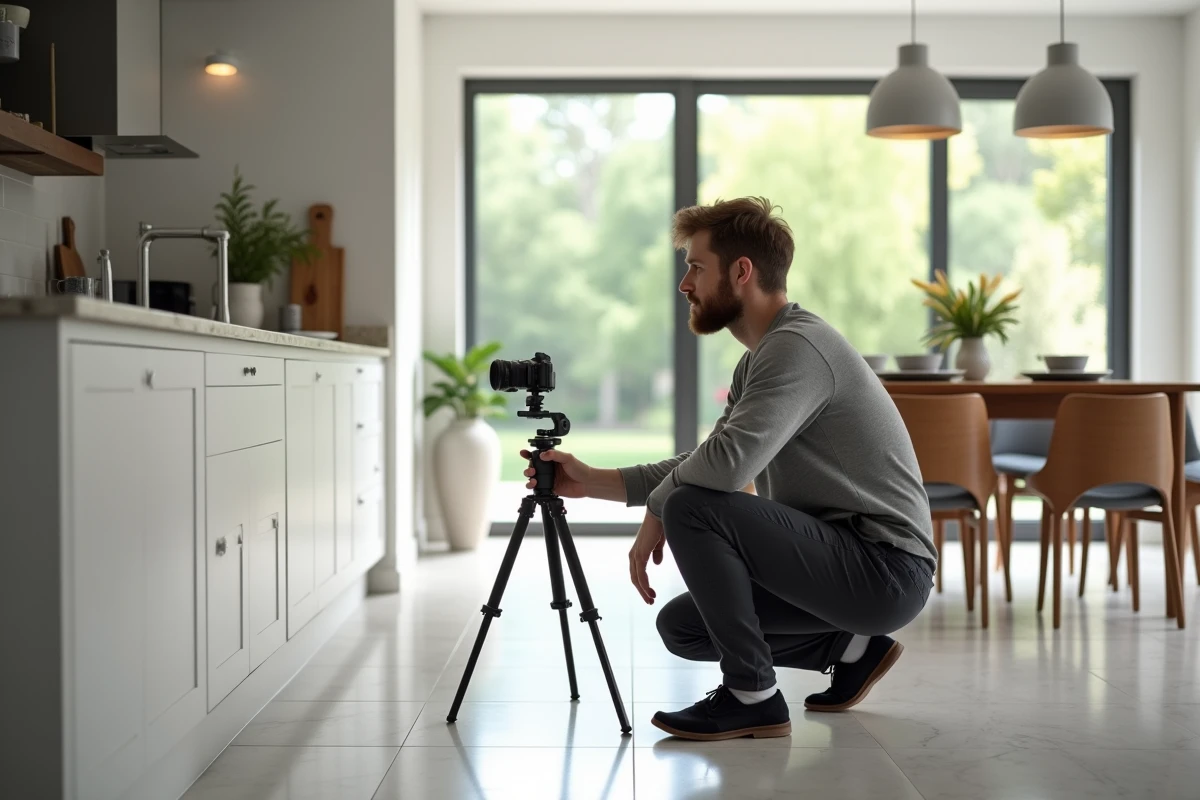 Photographe professionnel installant une caméra 360 dans une cuisine moderne pour une visite virtuelle immobilière