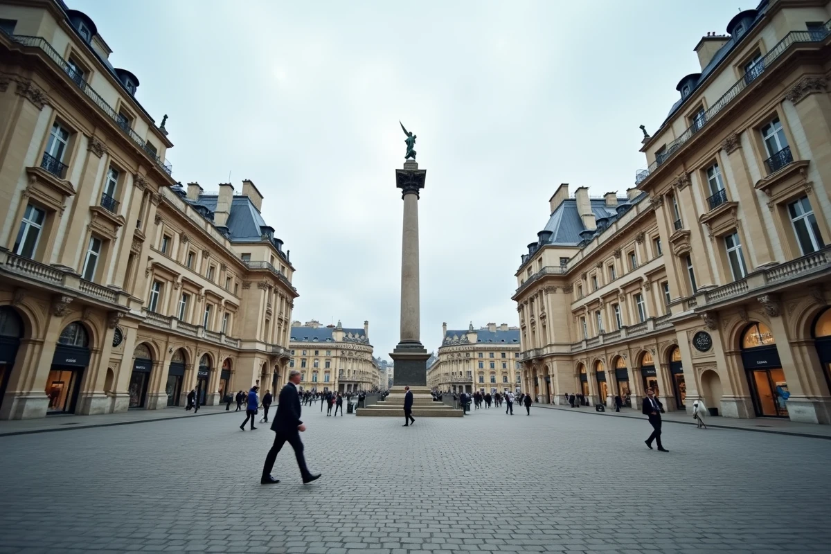 Vue grand angle de la Place Vendôme à Paris avec ses façades néoclassiques en calcaire, la colonne Vendôme et des passants élégants sur les pavés, symbole de richesse et de luxe parisien
