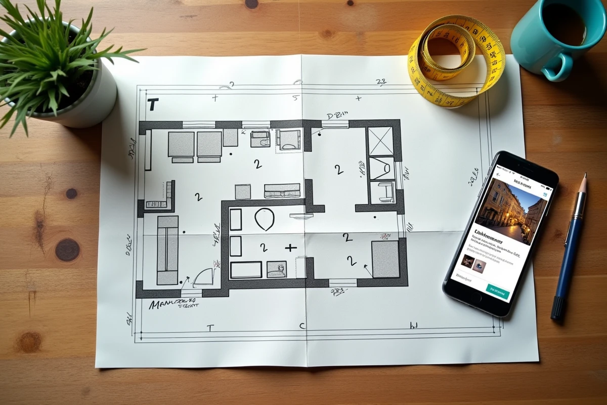 Plan de masse d'un appartement T2 annoté avec ruban à mesurer et annonce immobilière sur smartphone
