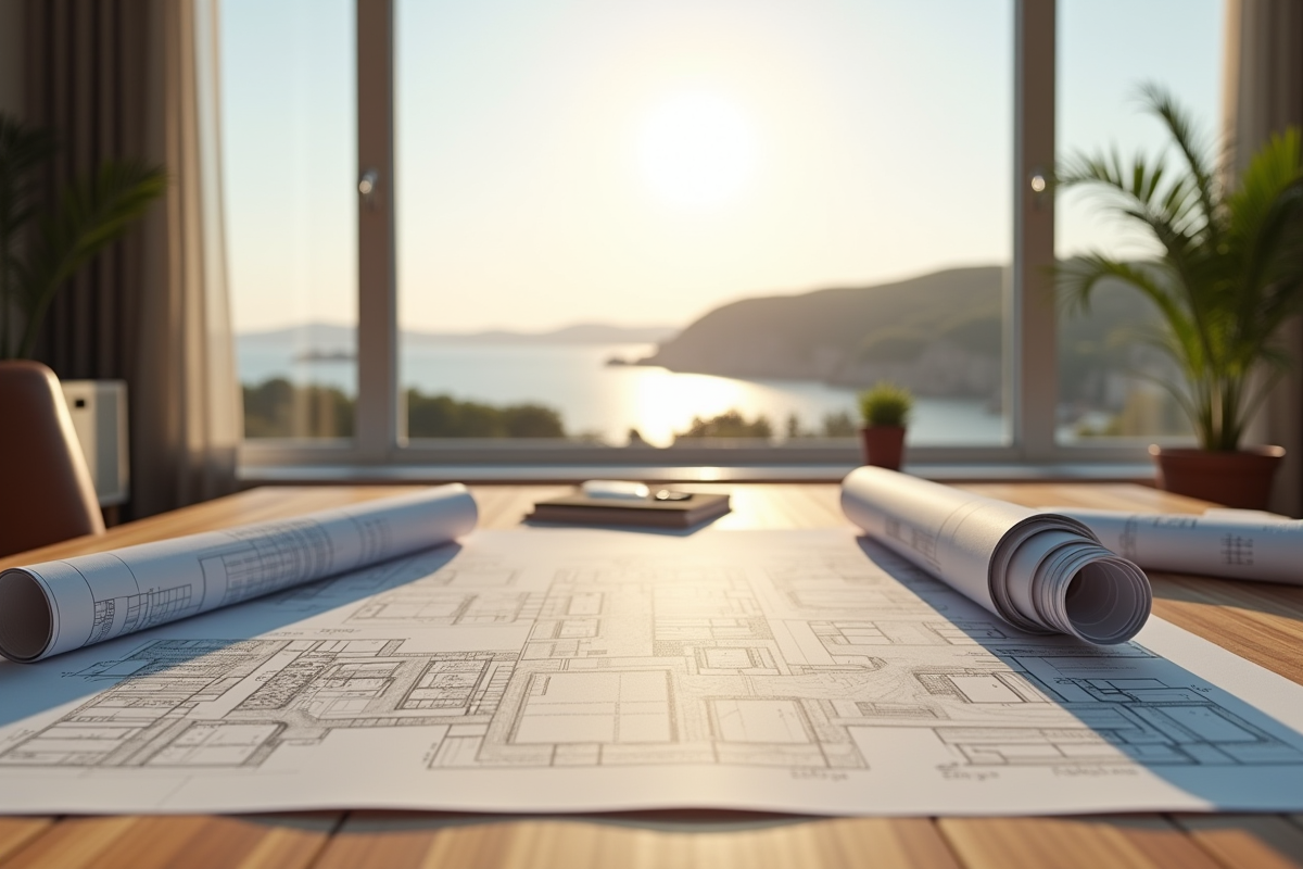 Plans architecturaux sur une table près de la mer bretonne