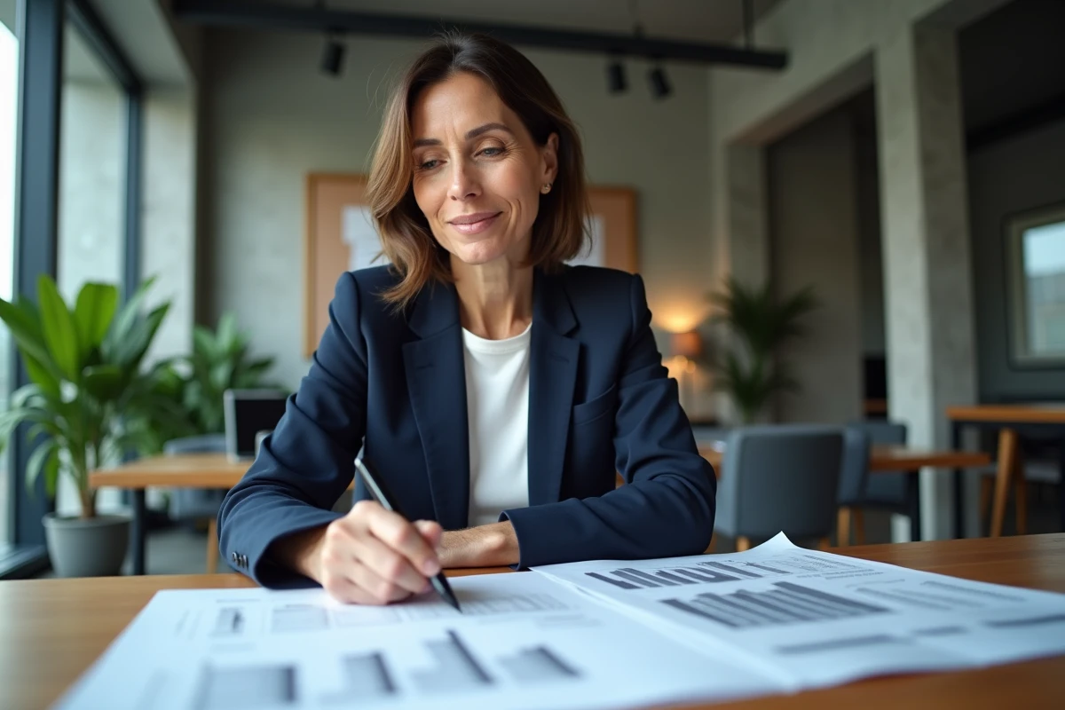 Professionnelle examinant des documents de financement immobilier dans un bureau moderne, illustrant les démarches de financement de projet avec Killahejlaszo Housing Ltd