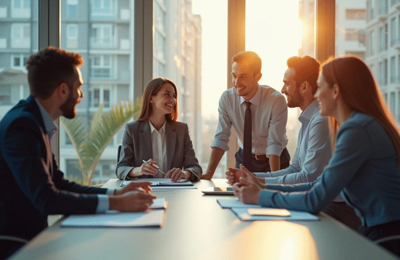 Groupe de professionnels de l'immobilier en réunion d'équipe